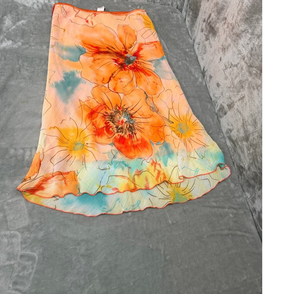AV Wrapper Floral Chiffon Midi Skirt Orange Aqua Lined Size XL